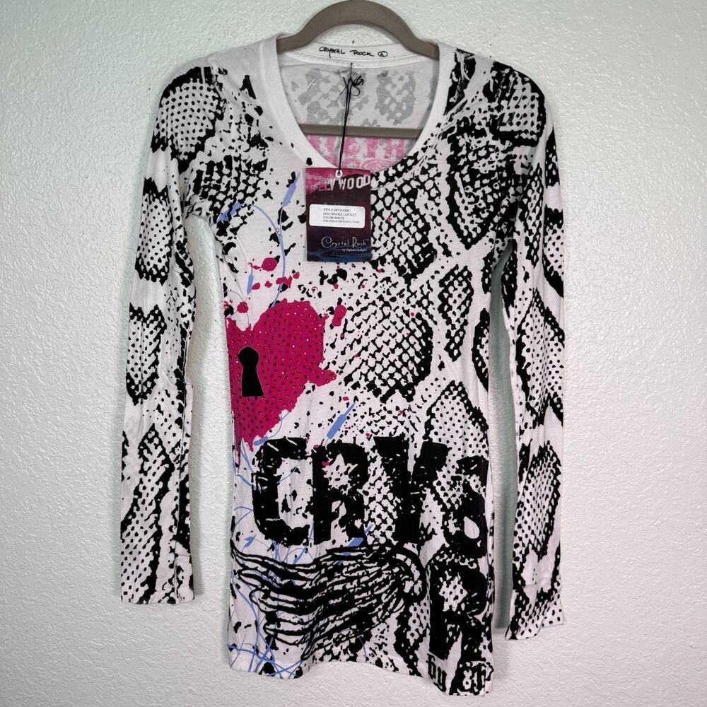 Christian Audigier Y2K Shirt Womens XS Crystal Rock Snake Locket Tunic Top NEW